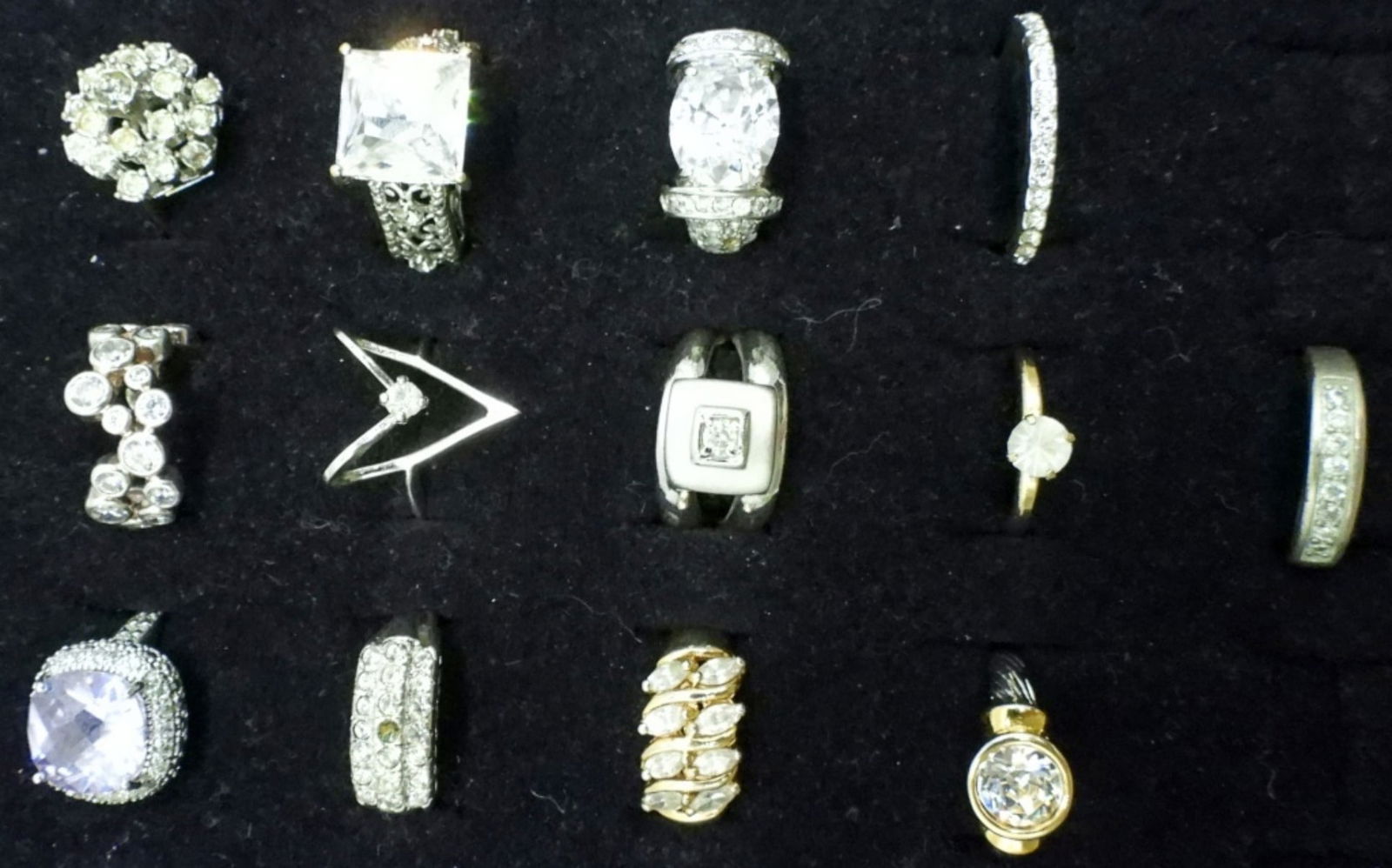 (13) BRIDAL STYLE COSTUME RINGS: THIRTEEN BRIDAL STYLE COSTUME RINGS. SIZES 5-.9.5