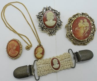 (5) CAMEO BROOCHES, NECKLACE & MORE