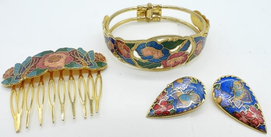 CLOISONNE BRACELET, EARRINGS & HAIR COMB