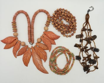 (4) WOODEN, BEADED, GEMSTONE NECKLACES