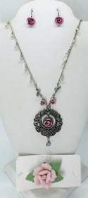 PINK ROSE NECKLACE EARRING SET