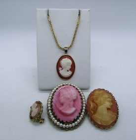 (4) CAMEO PINS & NECKLACE