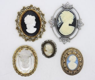 (5) CAMEO BROOCHES - VTG