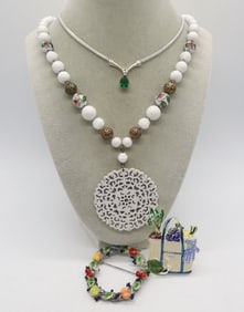 (4) FLORAL FRUIT NECKLACES & PINS