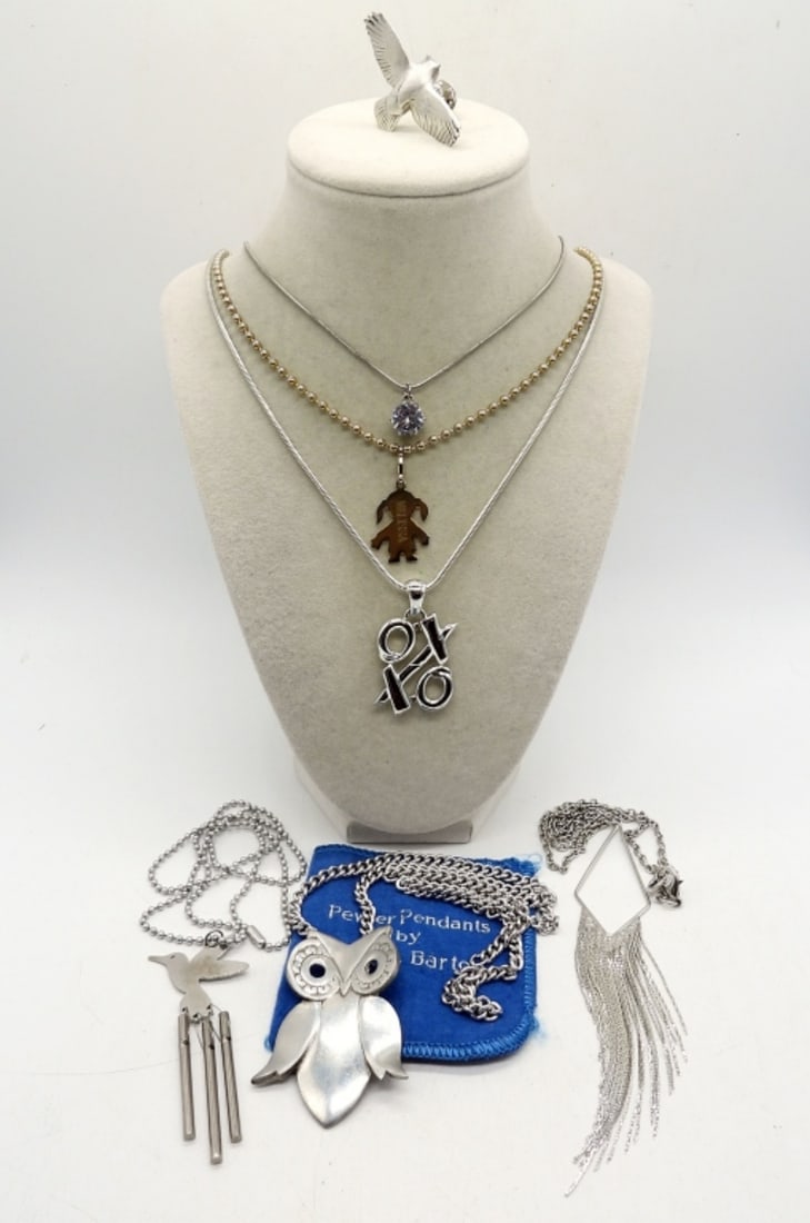 REED & BARTON PEWTER OWL NECKLACE +: REED & BARTON PEWTER OWL NECKLACE 24". PEWTER OWL PIN. FIVE NECKLACES 18"-32".