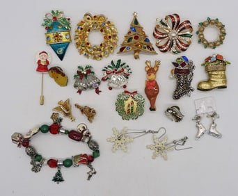 (18) CHRISTMAS PINS, EARRINGS, BRACELET