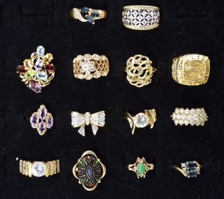 (14) GOLD TONE FASHION GEMSTONE RINGS