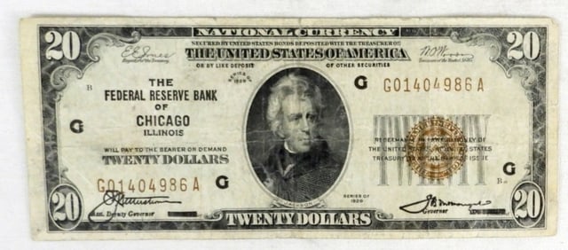 1929 $20 US NATIONAL CURRENCY , NICE CIRC