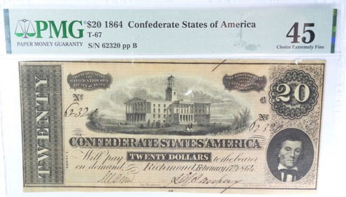 1864 $20 CONFED STATES OF AMERICA PMG 45