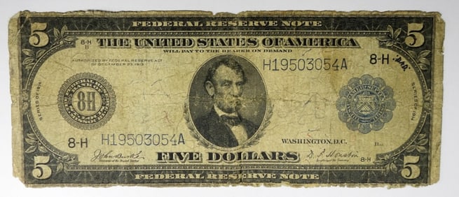 1914 $5 FEDERAL RESERVE NOTE, ST LOUIS