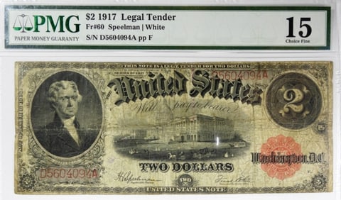 1917 $2 LEGAL TENDER PMG 15