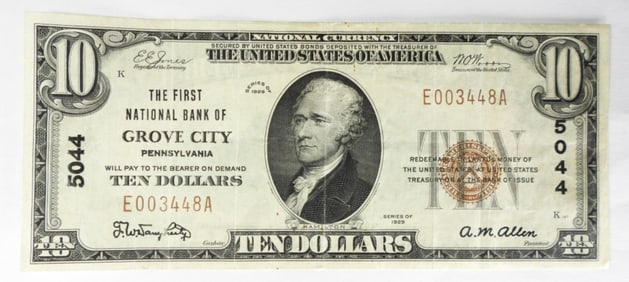 1929 $10 GROVE CITY, PA NATL CURRENCY