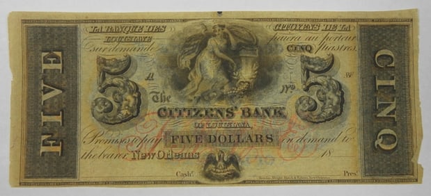 $5 CITIZENS' BANK OF LOUISIANA NOTE