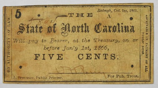 1861 5 CENTS NORTH CAROLINA NOTE
