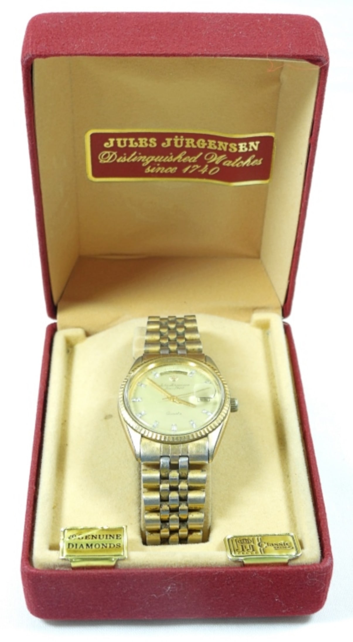 JULES JURGENSEN MENS DIAMOND DAY/DATE: NEEDS CYRSTAL REPLACED scratched - VINTAGE QUARTZ - UNTESTED in ORIGINAL BOX / PAPERS