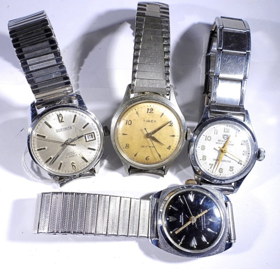 (4) MENS VINTAGE RUNNING WRISTWATCHES: DUFONTE, TIMEX, BRADLEY, BOLIVIA PRESIDENTIAL - ALL NEED SERVICED
