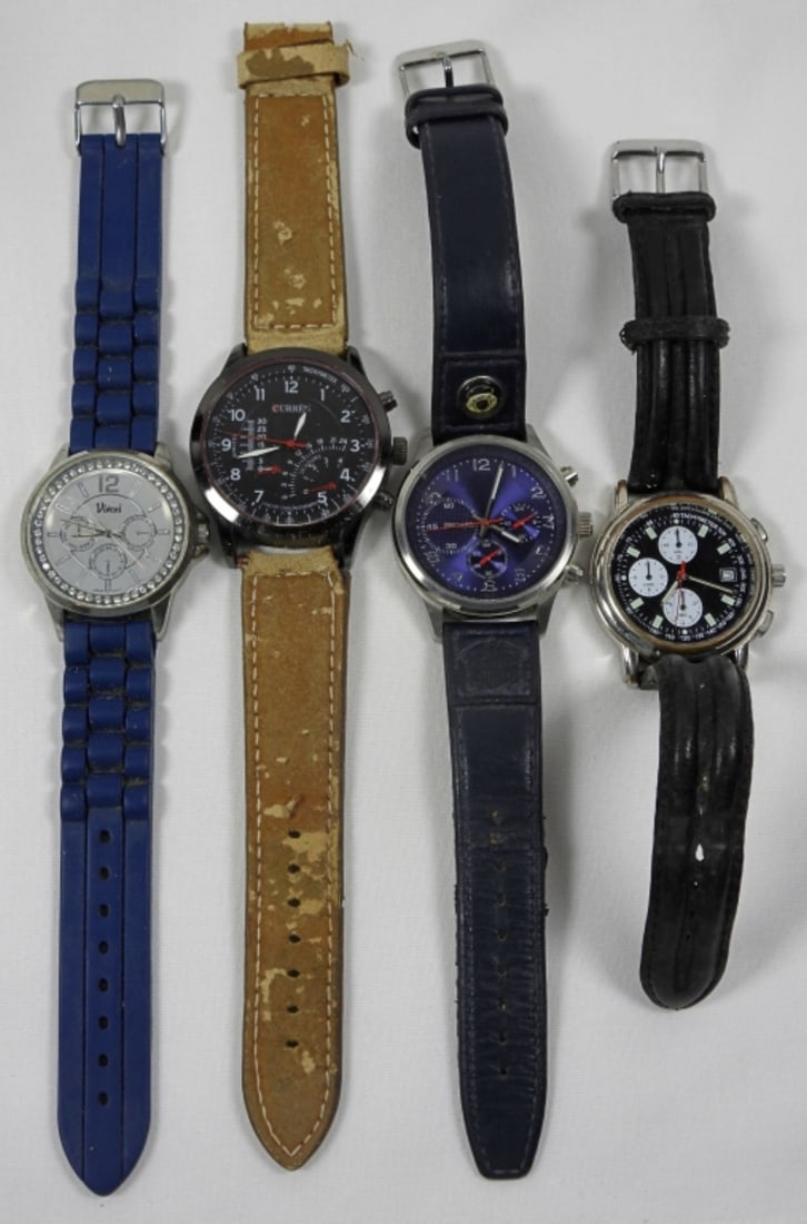 (4) CHRONOGRAPH WATCH LOT: VIVANI, VALOR, DAIMLER CHRYSLER on BACK, CURREN - ALL NOT RUNNING - UNTESTED