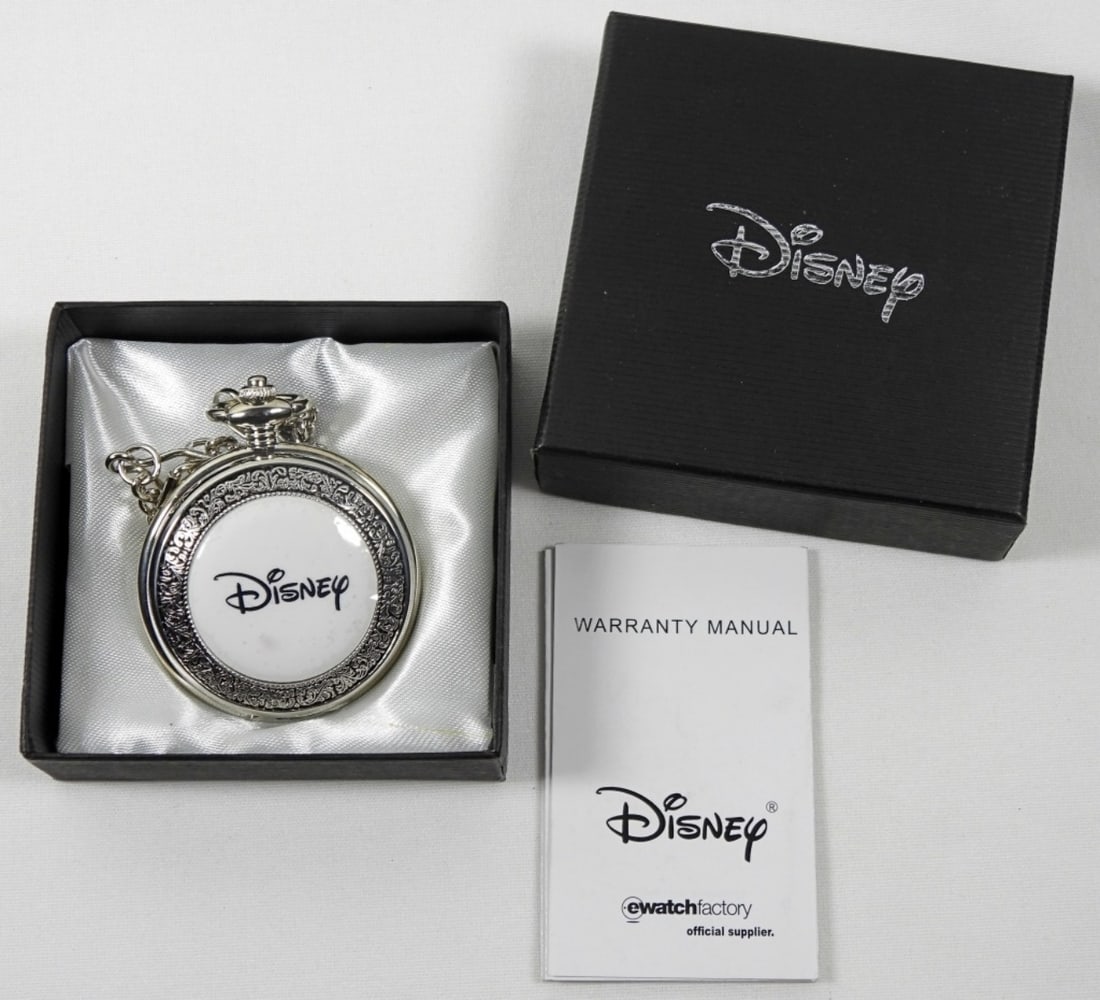 DISNEY MICKEY MOUSE POCKET WATCH: DISNEY EWATCH FACTORY MENS POCKET WATCH IN ORIGINAL BOX. POCKET WATCH IS UNTESTED.