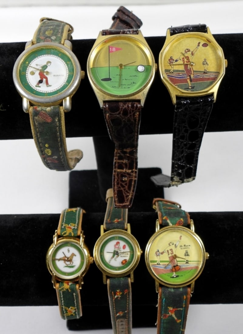 (6) VINTAGE SPORTS WATCH LOT: 6 ASSORTED VINTAGE SPORTS WATCHES: FOOTBALL, BOWLING, GOLF, HORSEBACK RIDING. WATCHES ARE UNTESTED MAY NEED PARTS OR REPAIR TO WORK