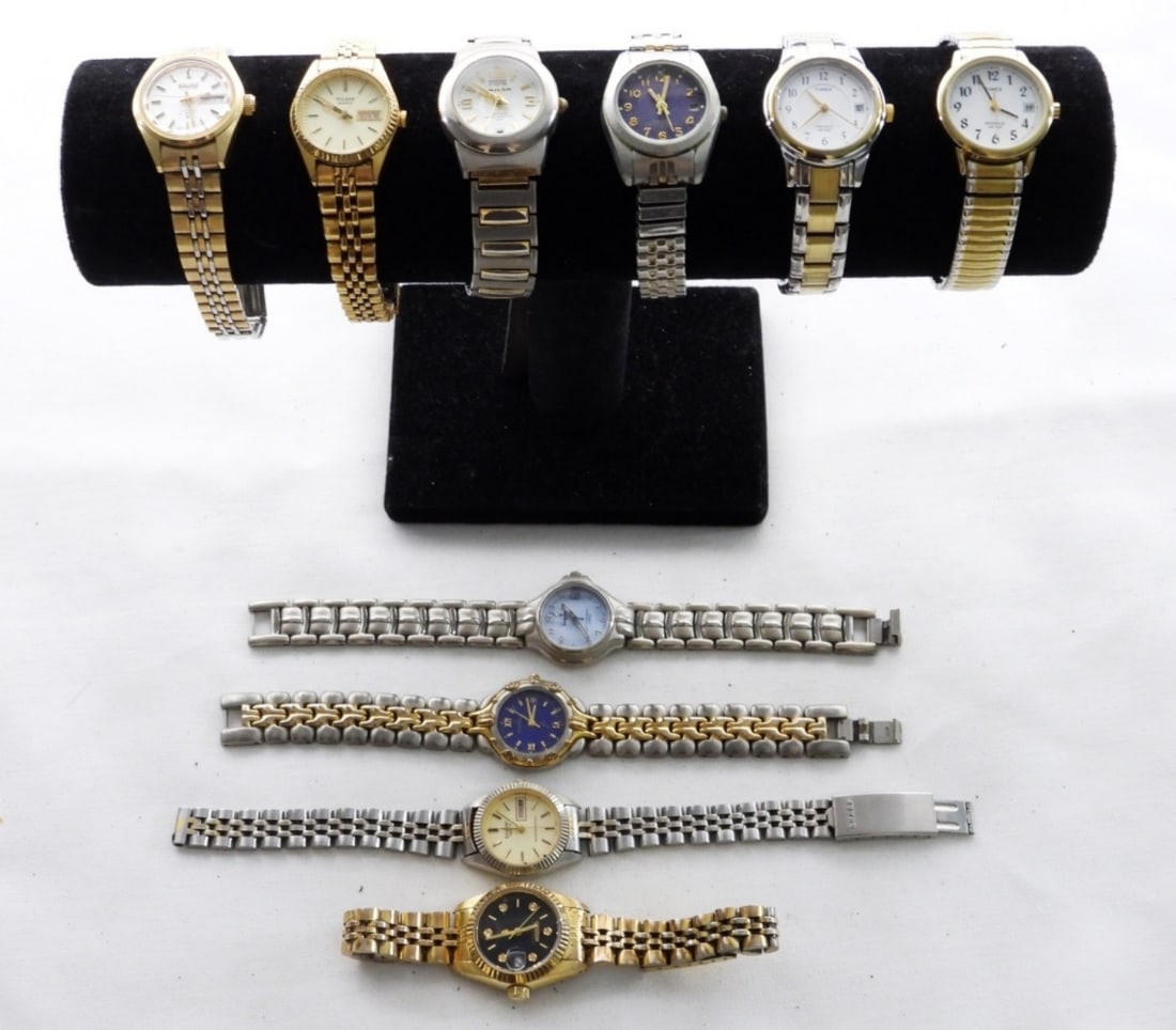 (10) VTG WOMEN'S WATCHES: 10 VINTAGE GOLD AND SILVER TONED WOMEN'S WATCHES- BRANDS ARE SHARP, VANITY FAIR, MILAN, FOSSIL, PULSAR, SEIKO, TIMEX, CITIZEN - THESE BRANDS ARE UNSEARCHED & UNVERIFIED. THE WATCHES DO SHOW WEAR PREOW