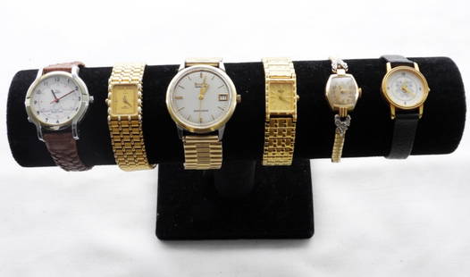 (6) WOMEN'S MIXED WATCH LOT: 6 WOMEN'S MIXED WATCH LOT- 2- LEATHER BAND WATCHES, 4- GOLD TONED BAND WATCHES. BRANDS ARE TIMEX, GIRAD, SIEKO, LONGINES, BULOVA- THESE BRANDS ARE UNSEARCHED & UNVERIFIED. THE WATCHES DO SHOW WEAR PRE