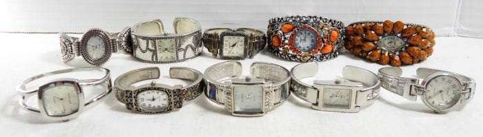 (10) WOMENS SILVER TONE CUFF WATCHES