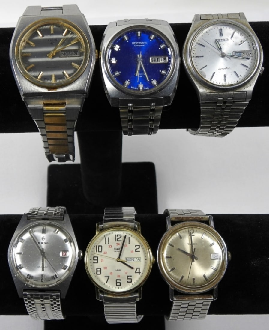 (6) SILVER TONE MENS DATE/DAY WATCHES (1 of 3)