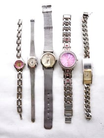 PRETTY PINK/SILVER TONE WATCHES (5)