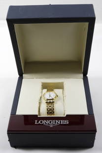 CLASSIC LADIES GOLD TONE LONGINES WATCH: LADIES GOLD TONE LONGINES WATCH IN ORIGINAL BOX. WATCH UNTESTED/UNVERIFED: MAY NEED PARTS OR REPAIR TO WORK