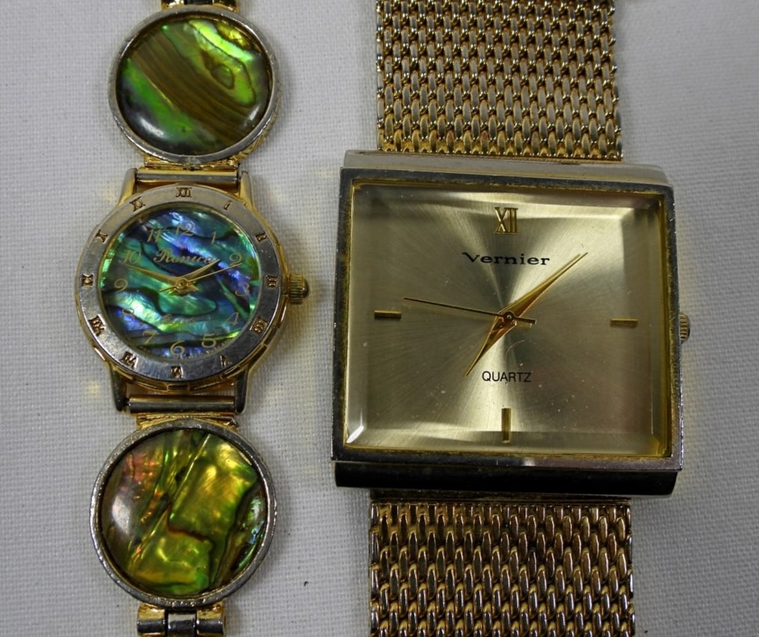 LADIES GOLD TONE FASHION WATCHES: LADIES VERNIER GOLD TONE WATCH, AND RONICA COLORFUL WATCH. WATCHES UNTESTED/UNVERIFIED. MAY NEED PARTS OR REPAIR TO WORK.