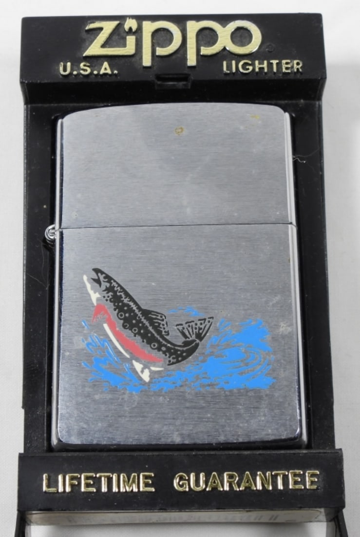 1995 UNFIRED RAINBOW TROUT ZIPPO: VINTAGE 1995 UNFIRED ZIPPO: LEAPING RAINBOW TROUT IMAGE