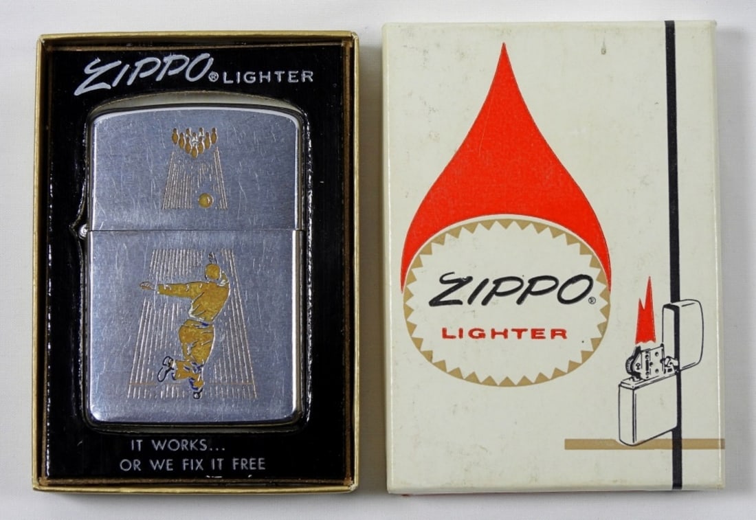 1969 FIRED BOWLER IN BOWLING LANE ZIPPO: 1969 VINTAGE ZIPPO LIGHTER: FIRED. BOWLER IN BOWLING LANE IN BOX.