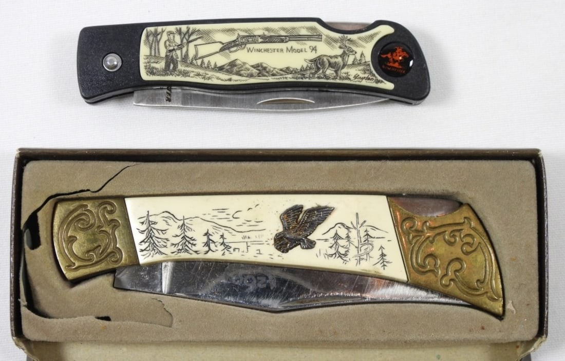 (2) SCRIMSHAW HANDLE KNIFE LOT: (1) LOCKBACK JAPAN w/EAGLE (1) WINCHESTER MODEL 94 RIFLE HANDLE - PREOWNED