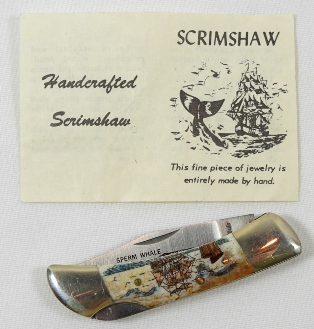 SCRIMSHAW WHALE TOOTH KNIFE: BEAUTIFUL ART - LIKE NEW - LOCKBACK 5" TOTAL