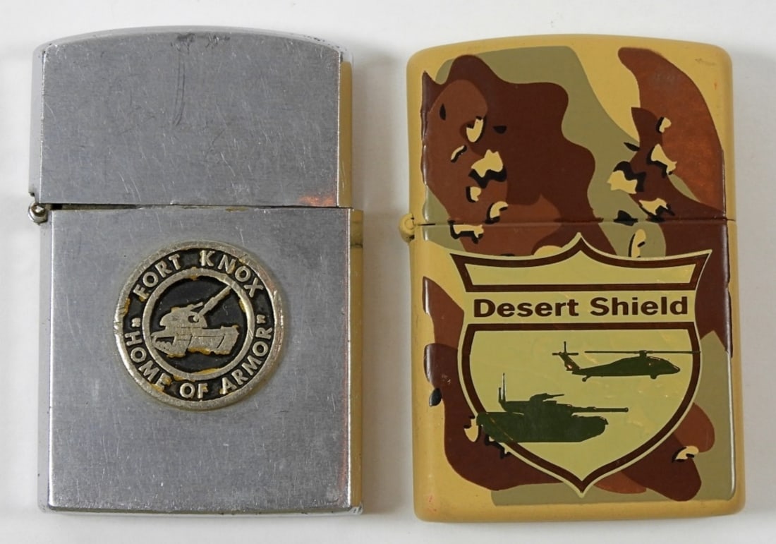ZIPPO DESERT SHIELD LIGHTER CAMO UNFIRED: plus FORT KNOX CREST CRAFT VINTAGE USED needs repair