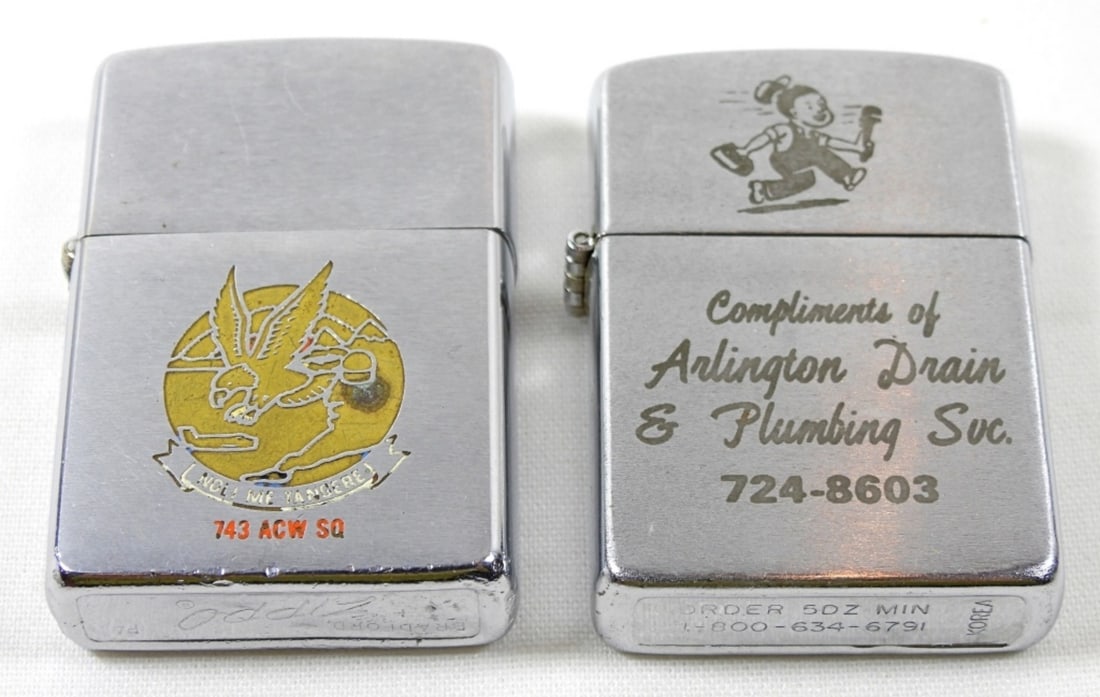 (2) VINTAGE LIGHTERS (1) ZIPPO (1) KOREA: MILITARY 743 ACW SQ ZIPPO 1971 needs lid repair & COMPLIMENTS ARLINGTON DRAIN & PLUMBING - BOTH USED