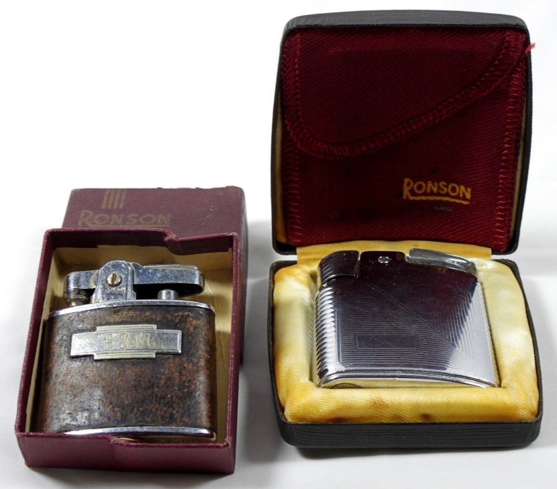 RONSON LIGHTER VINTAGE LOT (2): RONSON SILVER TONE LIGHTER IN CASE AND RONSON MONOGRAMED LIGHTER IN BOX