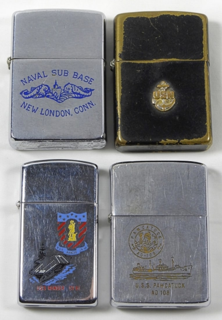 (4) MILITARY ZIPPO LOT--ALL FIRED: 4 FIRED MILITARY ZIPPO LOT: USS PAWCATUCK, NAVAL SUB BASE, USN, USS RANGER