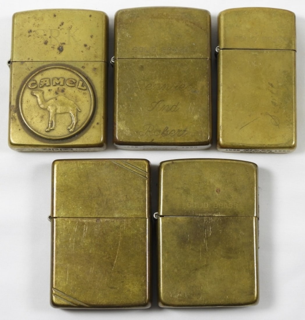 (5) BRASS FIRED ZIPPO LOT: 5 ASSORTED YEARS BRASS ZIPPOS, MIXED CONDITIONS--ALL BEEN FIRED