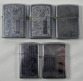 (5) SILVER CHROME DESIGNS ZIPPO LOT