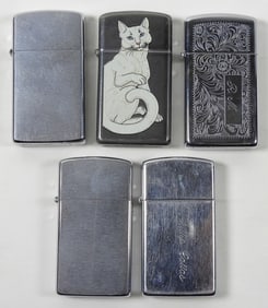 (5) SLIM SILVER TONE ZIPPO LOT