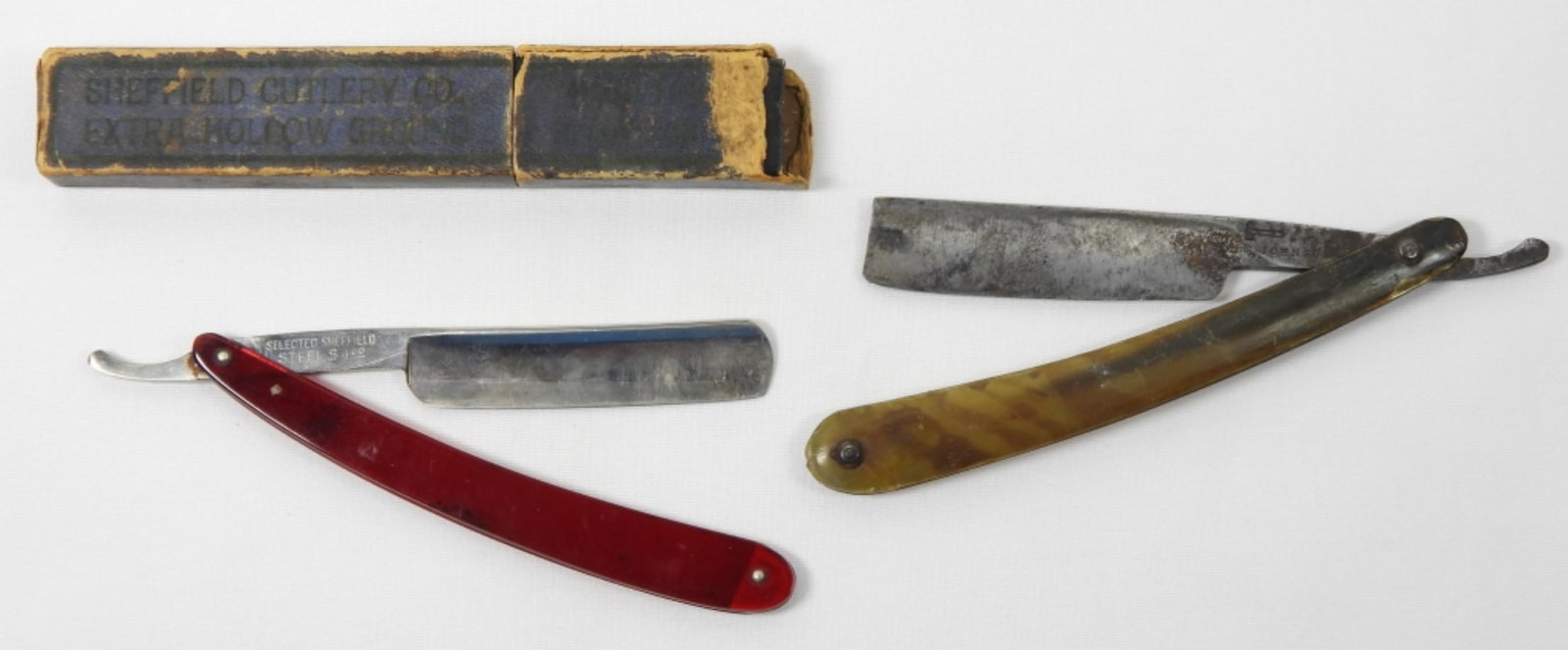 VINTAGE STRAIGHT RAZOR LOT (2): 2 VINTAGE STRAIGHT RAZORS: SHEFFIELD STEEL AND JOHNSON. IN MIXED CONDITIONS