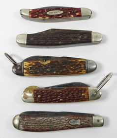 (5)MIXED BROWN JIGGED BONE POCKET KNIVES