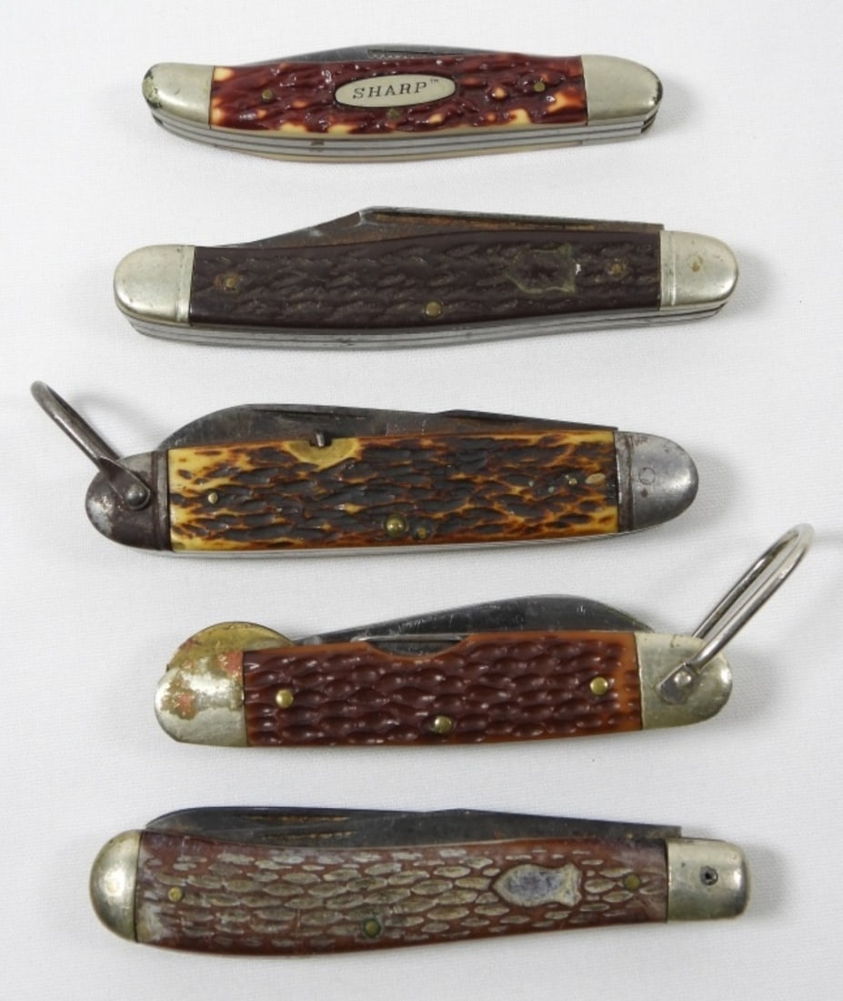 (5)MIXED BROWN JIGGED BONE POCKET KNIVES: 5 ASSORTED BROWN JIGGED BONE POCKET KNIVES, MIXED CONDITIONS