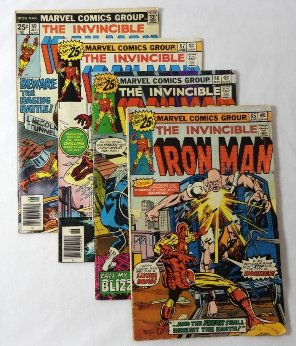 1976 THE INVINCIBLE IRON MAN #85-87 & #89: 1976 MARVEL THE INVINCIBLE IRON MAN. IN MIXED CONDITIONS (#89 HAS SMALL TEAR ON FRONT COVER). IRON MAN #85-87 AND #89. BRONZE AGE COMICS