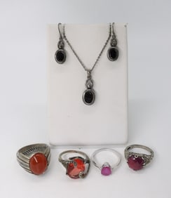 RED GEMSTONE 925 RINGS,& NECKLACE SET