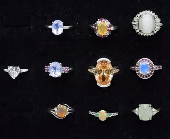 (10) RINGS, LIGHT GEMSTONES, STERLING