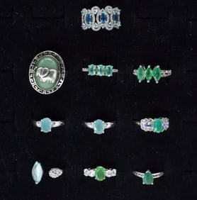(10) GREEN & BLUE GEMSTONE 925 RINGS
