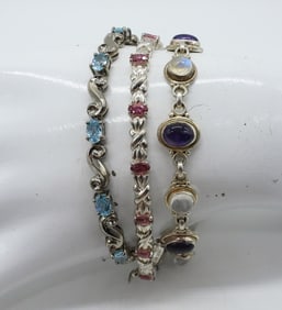 (3) PRETTY GEMSTONE STERLING BRACELETS