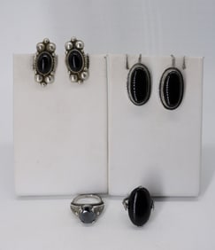 BLACK ONYX STERLING EARRINGS & RINGS